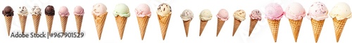 On white background, freshly scooped ice creams on cones are isolated photo