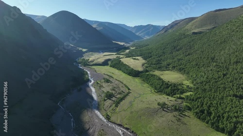 Aerial view of majestic Altai Mountains with a winding river and lush forest in a serene valley, Western Mongolia, Mongolia.