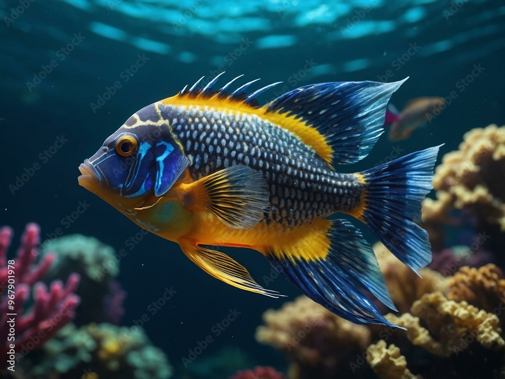 Hyper-realistic D render of an exotic fish in motion, vibrant scales and dramatic fins in clear water. Hyper-realistic D render of an exotic fish in motion, vibrant scales and dramatic fins in clear water.