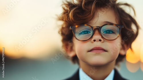 A thoughtful young boy with curly hair and glasses, dressed smartly in a suit, standing under the warm glow of a sunset, exuding a mix of curiosity and timeless wisdom. photo