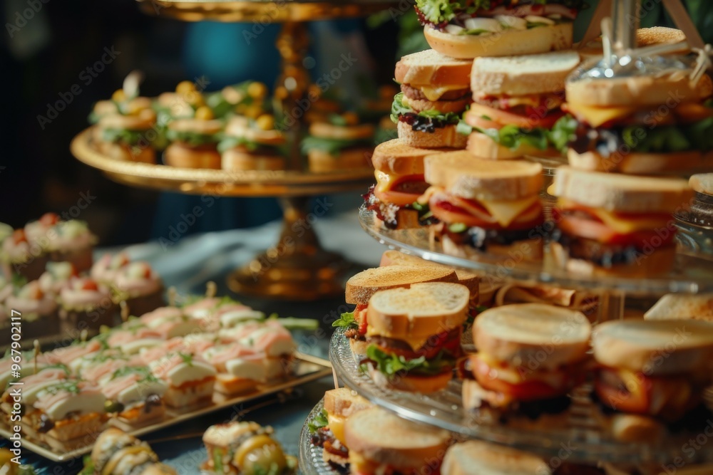 Elegant catering buffet table with delicious sandwiches canapes and appetizers for celebration event Elegant catering buffet table with delicious sandwiches canapes and appetizers for celebration event