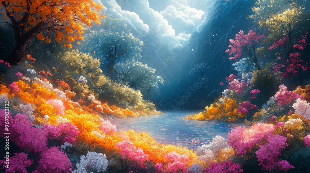Naklejka premium Detailed illustration of a mythical forest with oversized flora and fauna vibrant and enchanting capturing the grandeur and whimsy of fantasy