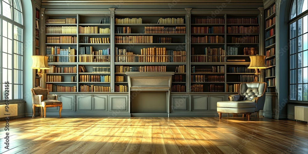 modern interior design silver reading room with luxury wall bookshelf and beautiful elegant wooden floor modern interior design silver reading room with luxury wall bookshelf and beautiful elegant wooden floor