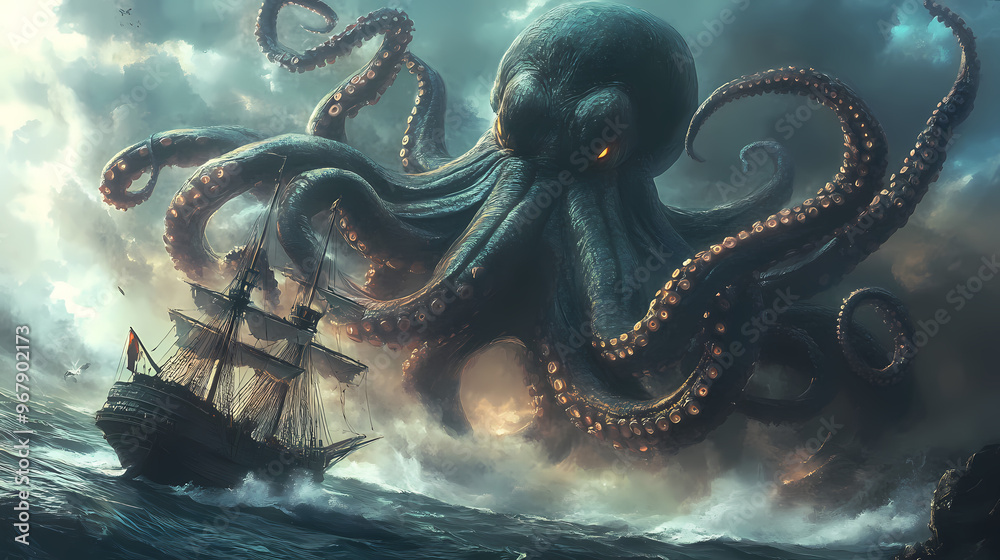Fototapeta premium A giant octopus chases the ship. Kraken. Illustration