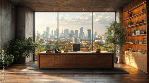 Modern office with a city view.