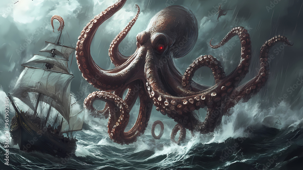 A giant octopus chases the ship. Kraken. Illustration A giant octopus chases the ship. Kraken. Illustration
