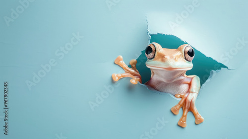 cute polliwog peeking through a hole in a blue paper wall