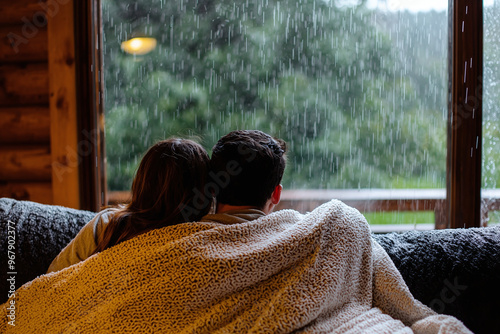 a young couple cuddled up under a blanket on the sofa in a rustic cabin living room, watching the rain through a large window, romantic getaway, quality time photo