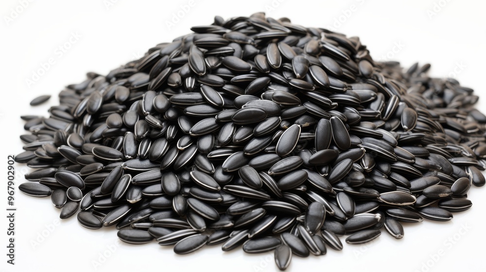 A large pile of black sunflower seeds resting on a white surface in natural light A large pile of black sunflower seeds resting on a white surface in natural light