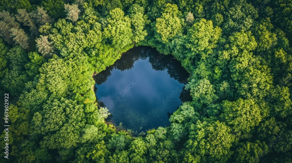 Aerial view of a serene pond surrounded by lush green trees. Aerial view of a serene pond surrounded by lush green trees.