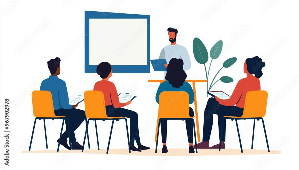 A classroom or workshop setting with participants taking notes while a presenter explains concepts on a projection screen, representing education and skill-building A classroom or workshop setting with participants taking notes while a presenter explains concepts on a projection screen, representing education and skill-building