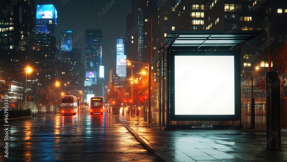 City Bus Stop Under Rainy Night City Bus Stop Under Rainy Night