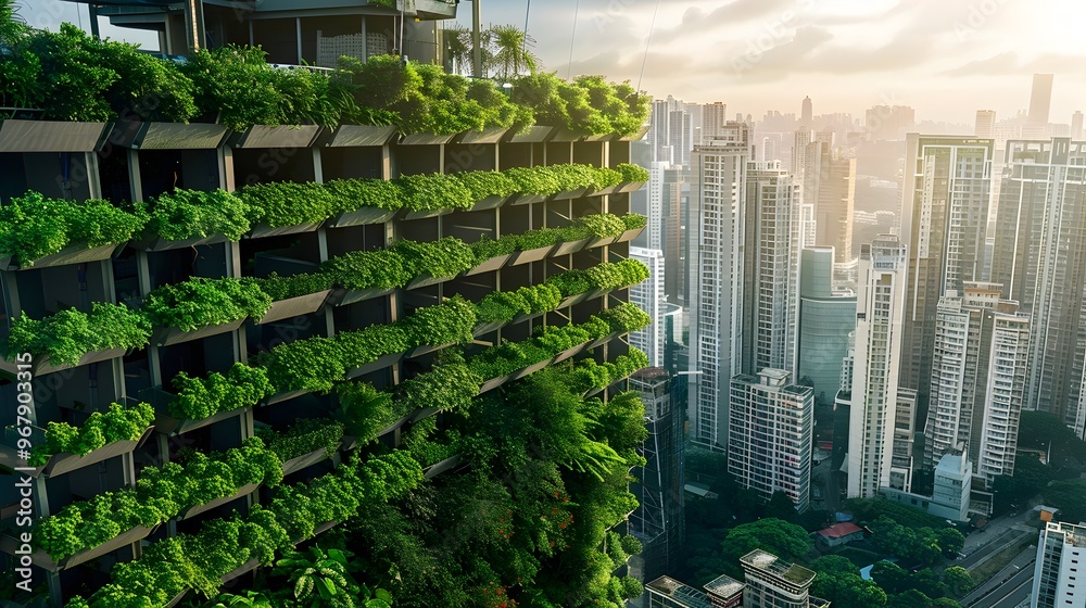 Obraz premium Vertical Farm on Rooftop Blending Nature and Urban Architecture for Sustainable Living