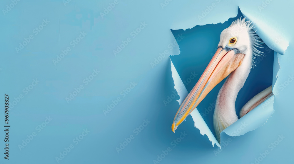 Fototapeta premium cute pelican peeking through a hole in a blue paper wall