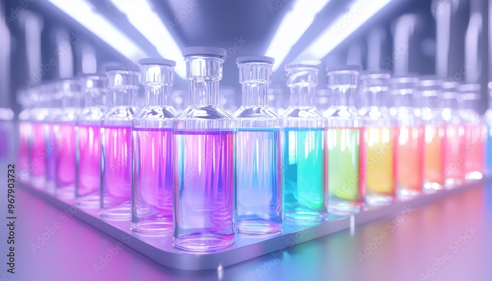 A high-tech laboratory with rows of glass test tubes filled with brightly colored liquids, glowing softly under bright white lights, futuristic and pristine environment A high-tech laboratory with rows of glass test tubes filled with brightly colored liquids, glowing softly under bright white lights, futuristic and pristine environment