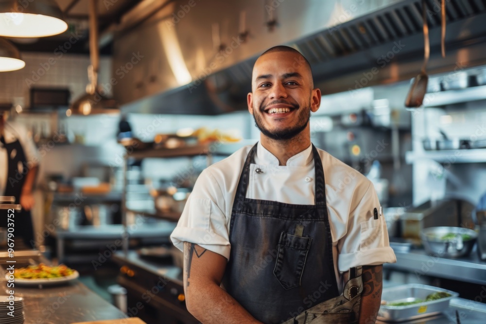 Fototapeta premium Portrait of a smiling American chef in commercial kitchen
