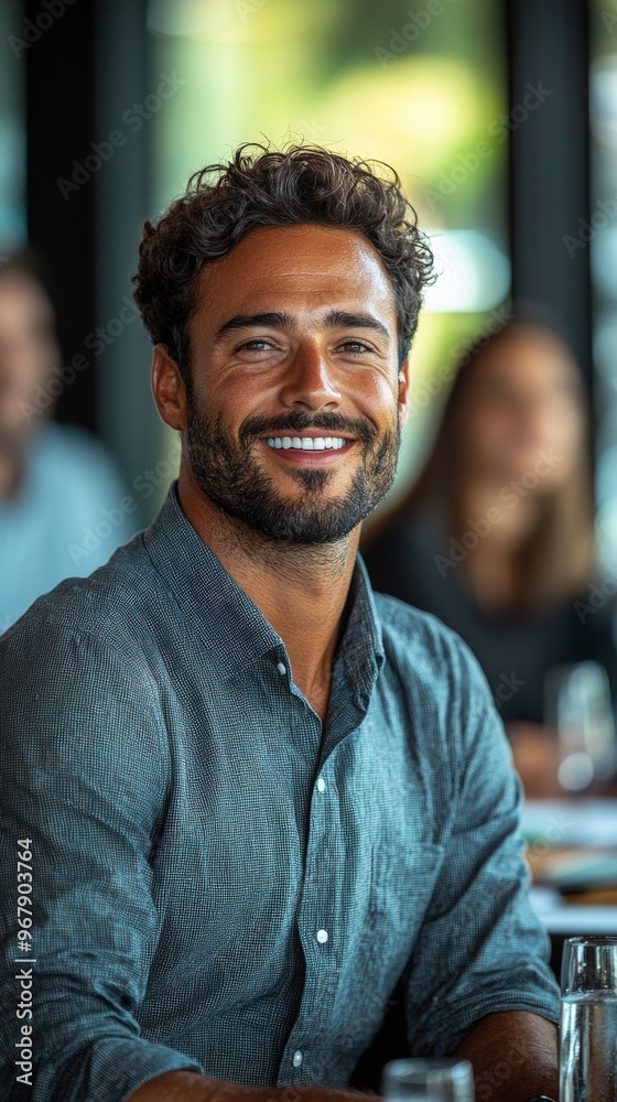 A bearded man smiles warmly while attending a social event, with a blurred group of people behind him, conveying friendliness and sociability. A bearded man smiles warmly while attending a social event, with a blurred group of people behind him, conveying friendliness and sociability.