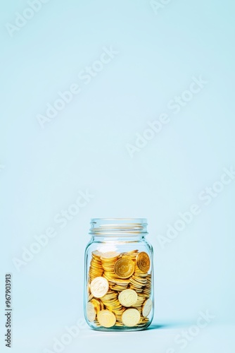 A jar filled to the brim with gold coins against a light blue background, highlighting the importance of saving and financial security