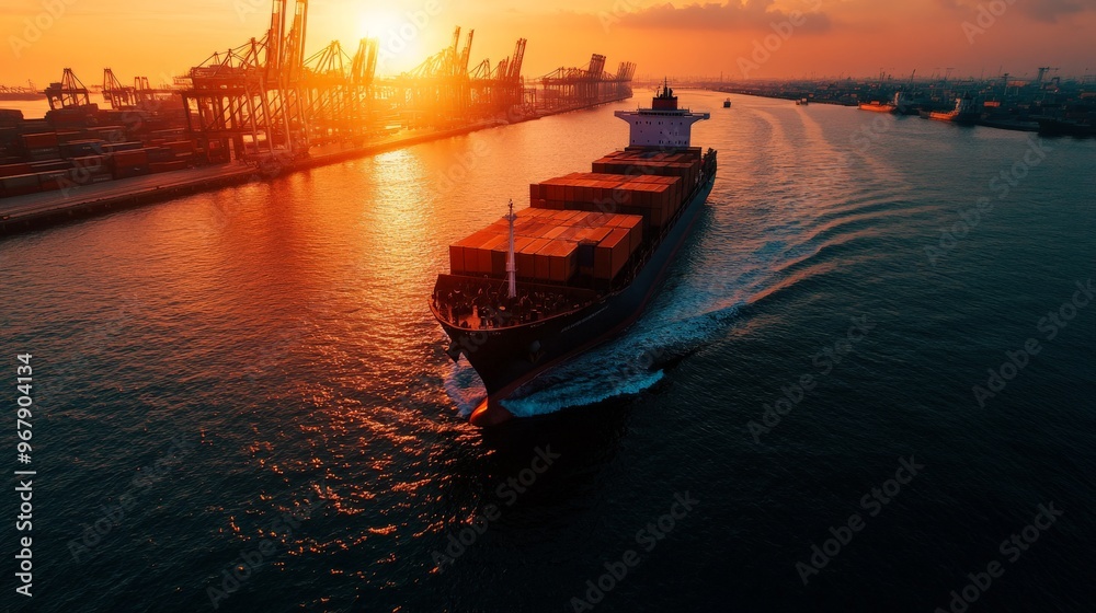 Cargo ship navigating in a harbor at sunset with cranes in the background, symbolizing global trade and logistics. Cargo ship navigating in a harbor at sunset with cranes in the background, symbolizing global trade and logistics.