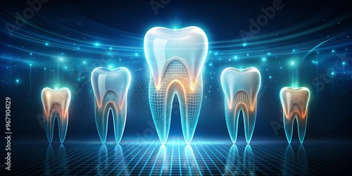 Scientific illustrations of tooth development and growth in a futuristic style with a focus on innovation photo