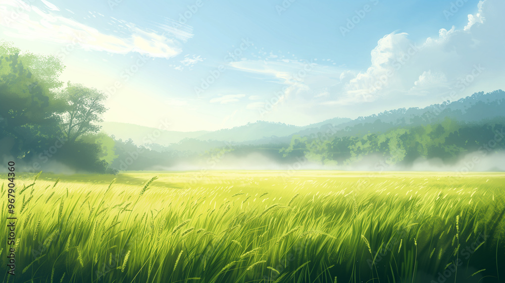 Fototapeta premium a field of green grass with the sun shining through the clouds