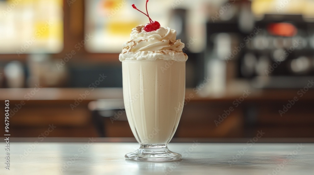 A creamy milkshake topped with whipped cream and a cherry, served in a glass. A creamy milkshake topped with whipped cream and a cherry, served in a glass.