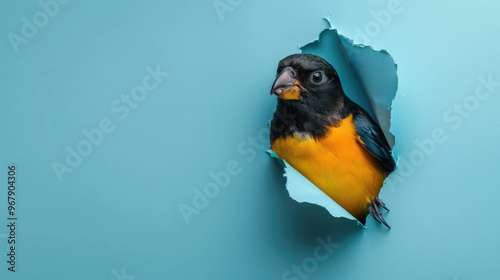 cute oropendola peeking through a hole in a blue paper wall photo