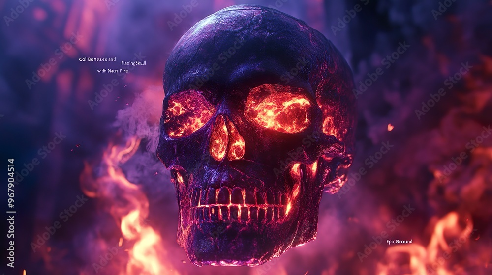 Neon skull with vibrant flames and bones glowing fiercely in a dark and ominous backdrop. Neon skull with vibrant flames and bones glowing fiercely in a dark and ominous backdrop.
