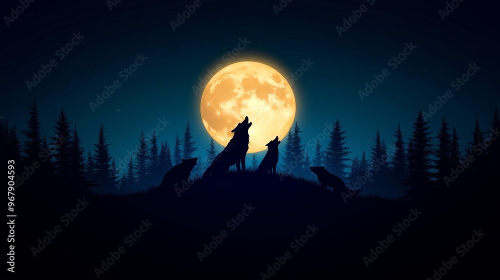 Fototapeta premium Silhouettes of wolves against a luminous full moon, creating a mystical atmosphere in a serene forest landscape.