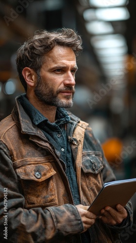 Worker, wearing casual attire and holding a tablet, is pictured inside a factory environment, portraying the modern blend of technology and industry.