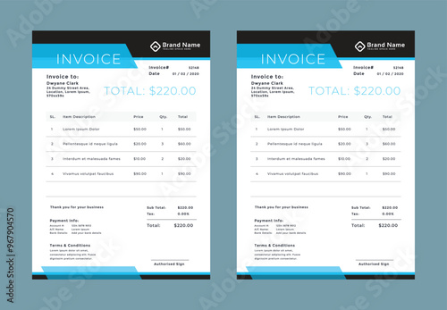 Invoice minimal design for corporate business. Clean invoice template. Print-ready business price invoices and payment agreement vector bill stationery design templates