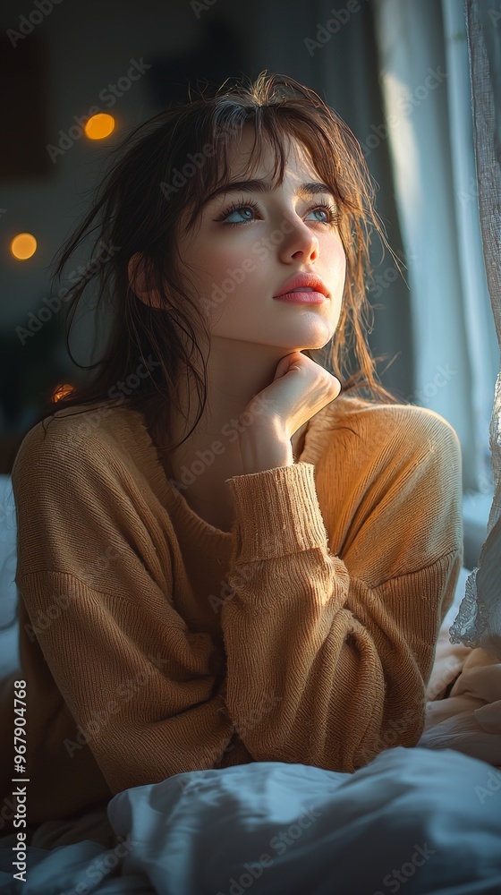 Naklejka premium Woman in a cozy beige sweater gazes out the window enveloped in soft lighting. Her pensive expression evokes a sense of contemplation and gentle introspection.