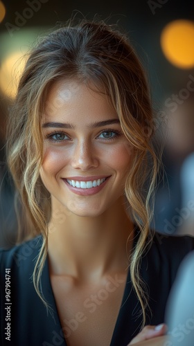 Woman with a radiant smile and tousled hair captures hearts with her bright and genuine expression. The close-up shot emphasizes her natural beauty and joy.