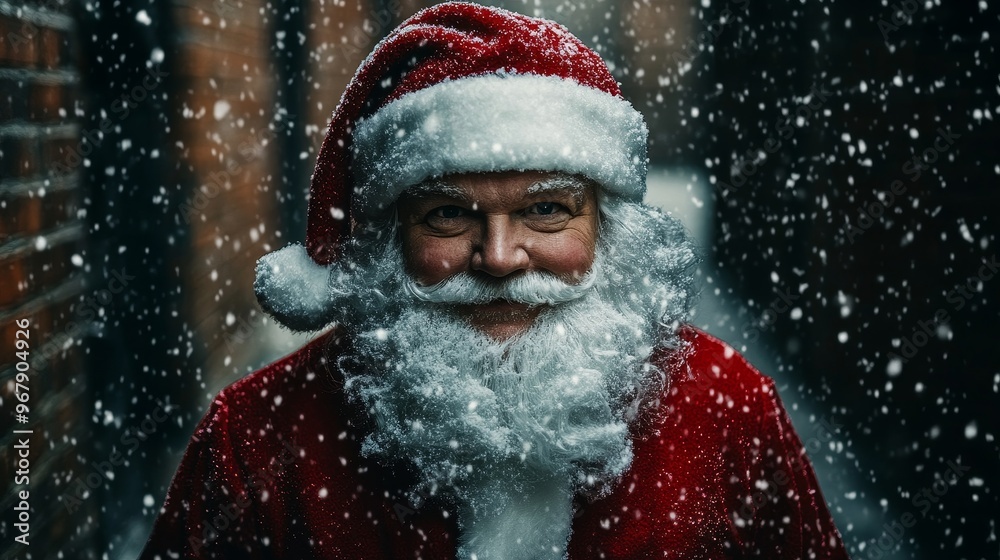 A cheerful Santa Claus smiles warmly as snowflakes fall around him, embodying the spirit of Christmas in a festive atmosphere. A cheerful Santa Claus smiles warmly as snowflakes fall around him, embodying the spirit of Christmas in a festive atmosphere.