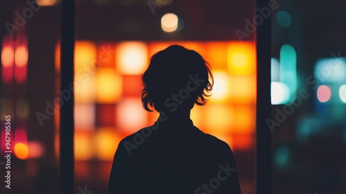 A silhouetted figure gazes at a vibrant, illuminated backdrop.