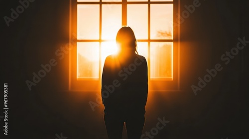 Silhouette of a person against a glowing sunset through a window, evoking reflection.