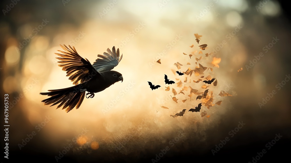 Fototapeta premium Parrot in a witch costume flying through a stormy sky, witch bird, Halloweenthemed animal costume