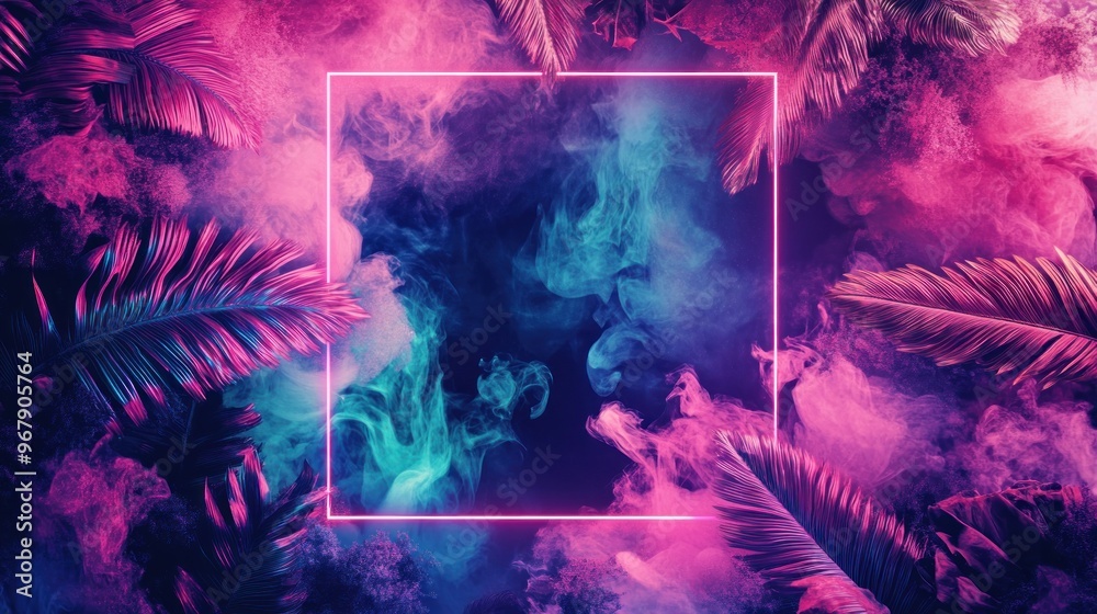 Fototapeta premium Neon Light Frame Surrounded by Pink and Blue Smoke with Palm Leaves