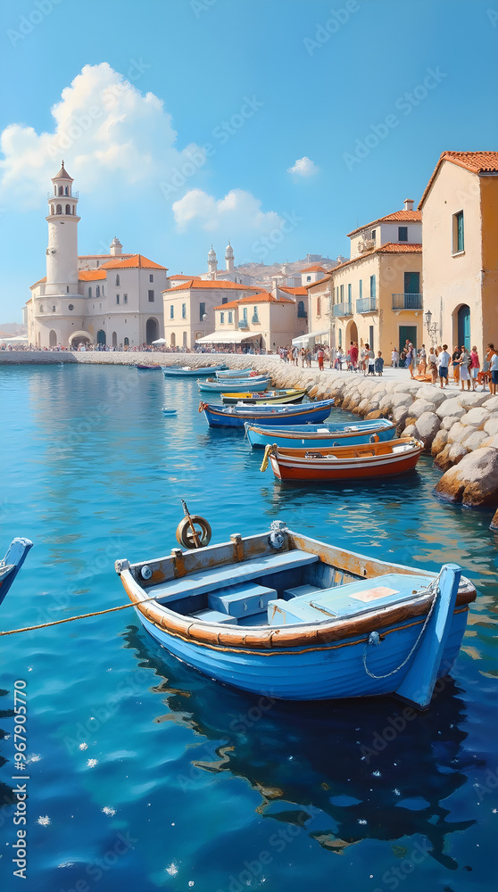 Naklejka premium Mediterranean Seaside Town with Lighthouse and Boats