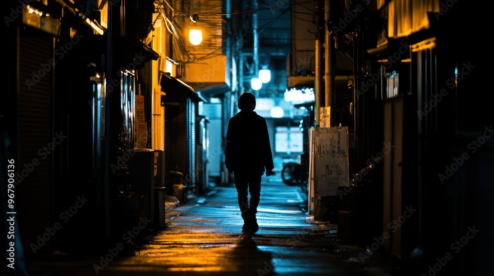 Fototapeta premium A solitary figure walks through a dimly lit, atmospheric alley at night.