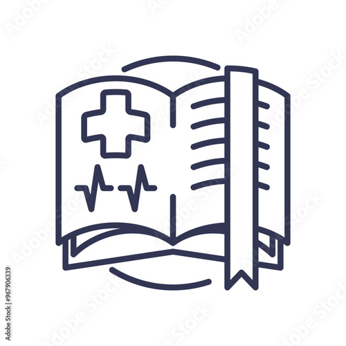 Open medical book with a cross and heartbeat line, symbolizing medical classification and healthcare documentation.