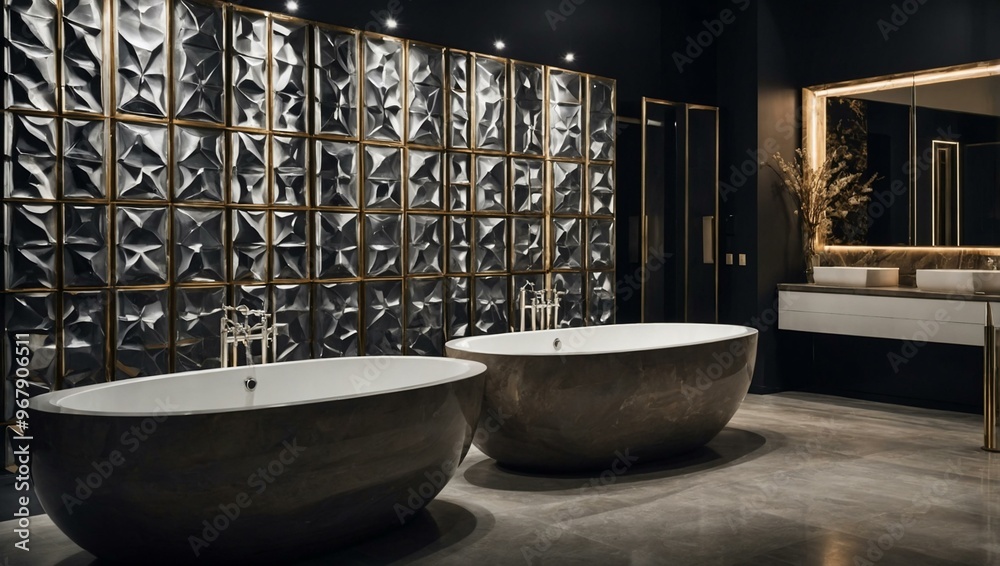 Luxury bathroom showroom with sleek fixtures and beautifully tiled displays. Luxury bathroom showroom with sleek fixtures and beautifully tiled displays.
