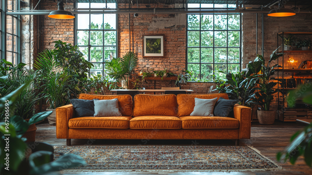 Orange sofa in a loft living room with a brick wall and lots of plants.
