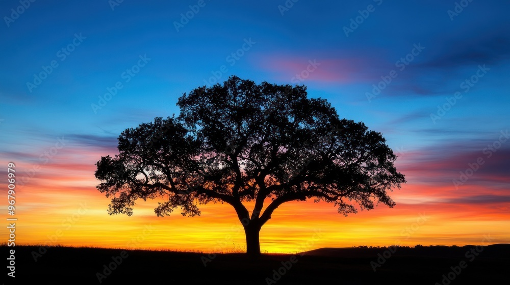 A silhouette of a tree against a vibrant sunset sky. A silhouette of a tree against a vibrant sunset sky.