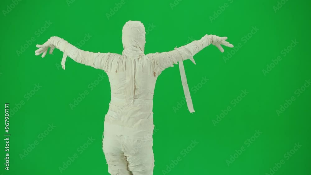 Portrait of person in a mummy bandage on chroma key green screen background. Mummy covered in white cloth ribbons walking and dancing funnily Back view Portrait of person in a mummy bandage on chroma key green screen background. Mummy covered in white cloth ribbons walking and dancing funnily Back view