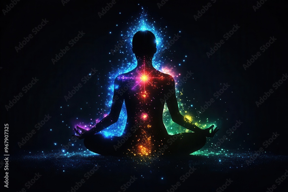 Silhouette of a person in lotus position, chakras aligned, mind expanding into a network of interconnected thoughts, chakra mind, thought network Silhouette of a person in lotus position, chakras aligned, mind expanding into a network of interconnected thoughts, chakra mind, thought network
