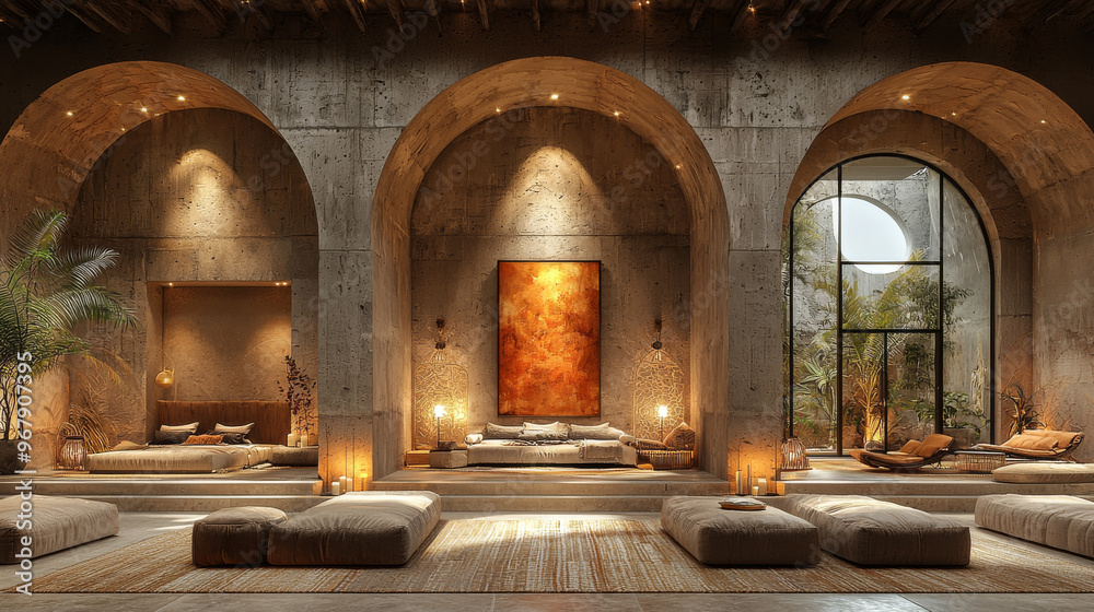 Obraz premium A modern, minimalist lounge space with arched doorways and a large window looking out onto a lush courtyard.