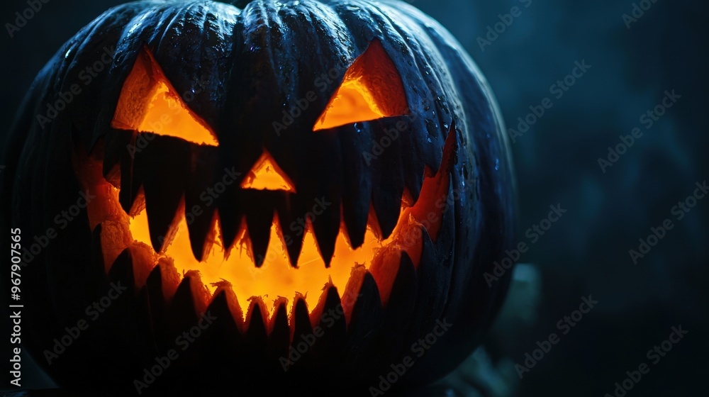 A close-up of a Jack o lantern with a menacing grin, with glowing orange light seeping through the carved eyes and mouth, set against a dark, ominous background A close-up of a Jack o lantern with a menacing grin, with glowing orange light seeping through the carved eyes and mouth, set against a dark, ominous background