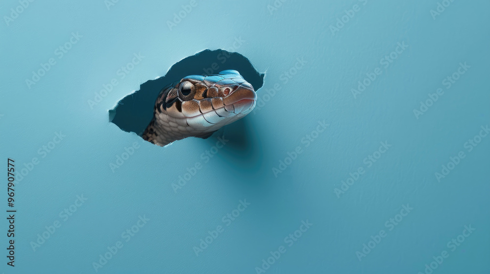 cute slow worm peeking through a hole in a blue paper wall cute slow worm peeking through a hole in a blue paper wall