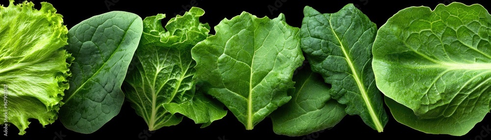 Green Lettuce Leaves Close Up on Black Background Green Lettuce Leaves Close Up on Black Background